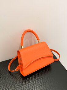 熒光橙鱷魚壓紋翻蓋方包 - 橘色 - 查看 2