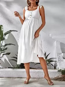 SHEIN Váy Bà bầu Thắt nút Dải chun Nút phía trước màu trơn Giải trí - trắng - Xem 1