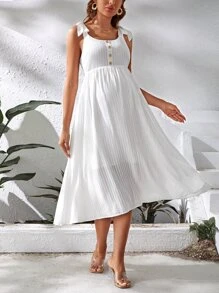 SHEIN Váy Bà bầu Thắt nút Dải chun Nút phía trước màu trơn Giải trí - trắng - Xem 4
