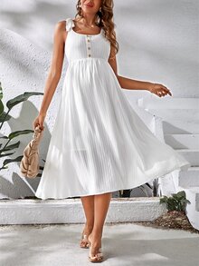 SHEIN Váy Bà bầu Thắt nút Dải chun Nút phía trước màu trơn Giải trí - trắng - Xem 6
