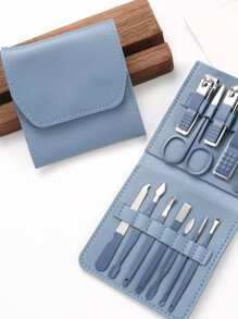 16入組藍色便攜式指甲刀套裝，優質不銹鋼超鋒利素色弧形邊緣修剪器指甲和腳趾甲剪刀，指甲刀套裝帶鋒利指甲銼 - 藍色 - 查看 2
