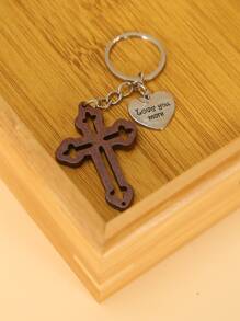 1pc Unisex Wooden Cross Heart Bag Charm Keychain In Multiple Colors, Suitable For Daily Use - Multicolor - View 2