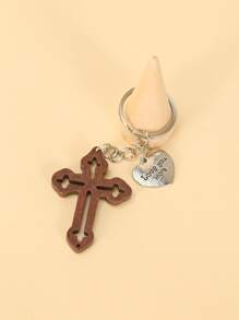 1pc Unisex Wooden Cross Heart Bag Charm Keychain In Multiple Colors, Suitable For Daily Use - Multicolor - View 3