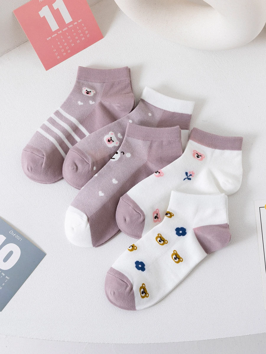 5雙條紋圖案和卡通熊圖案短襪
