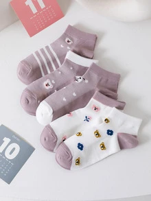 5雙條紋圖案和卡通熊圖案短襪