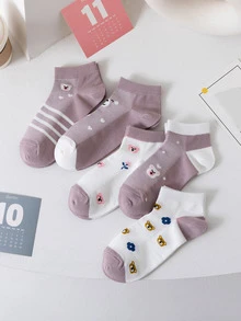 5雙條紋圖案和卡通熊圖案短襪