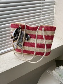 Striped Pattern Skinny Scarf Decor Straw Bag - Hot Pink - View 1