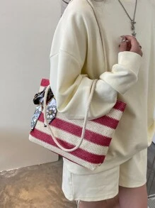 Striped Pattern Skinny Scarf Decor Straw Bag - Hot Pink - View 5