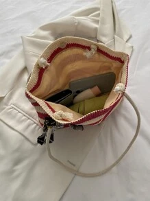 Striped Pattern Skinny Scarf Decor Straw Bag - Hot Pink - View 6