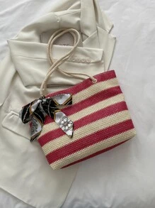 Striped Pattern Skinny Scarf Decor Straw Bag - Hot Pink - View 7