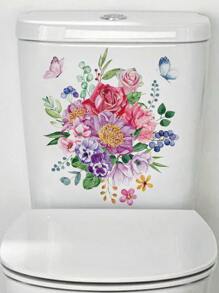 1 件蝴蝶和花卉图案马桶盖贴花、贴纸、墙贴花、家居装饰乙烯基贴花、春季装饰品让您的家焕然一新、Rama 装饰贴纸 - 彩色 - 查看 4