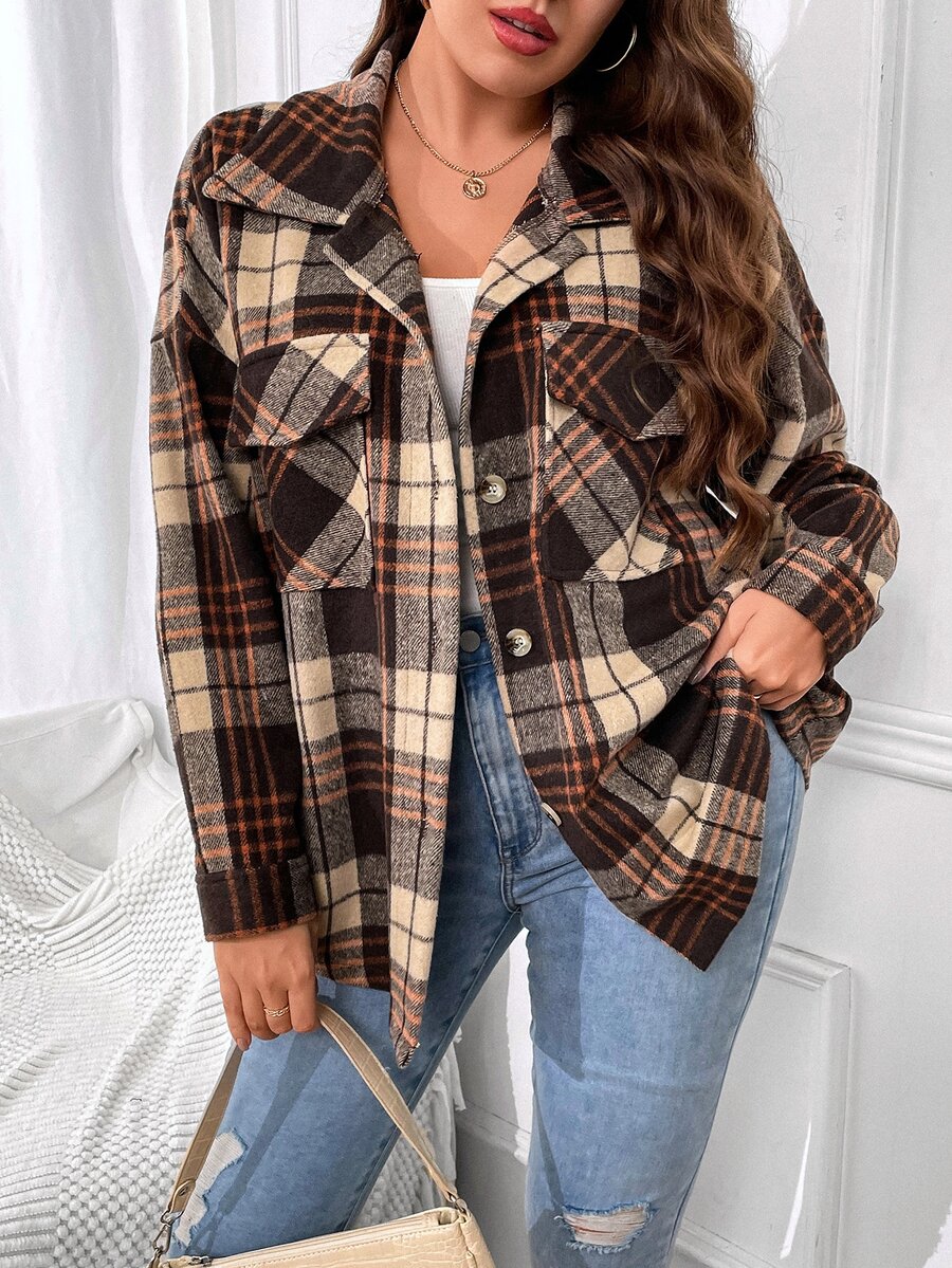 SHEIN LUNE Plus Plaid Print Drop Shoulder Flap Pocket Overcoat - Multicolor - View 1