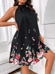 SHEIN LUNE Plus Floral Print Halter Neck Tunic Dress - Black - View 2