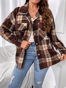 SHEIN LUNE Plus Plaid Print Drop Shoulder Flap Pocket Overcoat - Multicolor - View 3