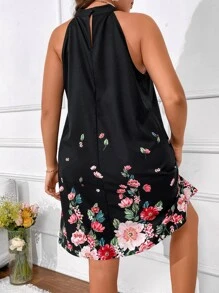 SHEIN LUNE Plus Floral Print Halter Neck Tunic Dress - Black - View 3