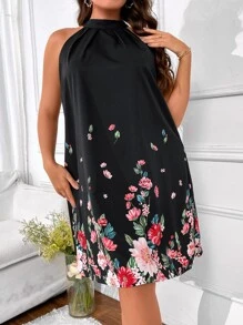 SHEIN LUNE Plus Floral Print Halter Neck Tunic Dress - Black - View 5
