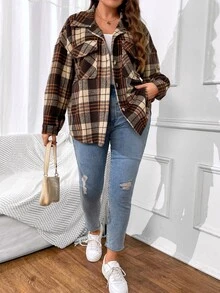 SHEIN LUNE Plus Plaid Print Drop Shoulder Flap Pocket Overcoat - Multicolor - View 6