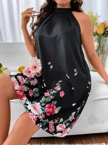 SHEIN LUNE Plus Floral Print Halter Neck Tunic Dress - Black - View 1