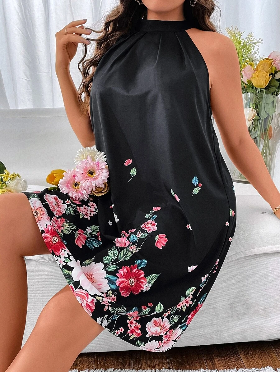 SHEIN LUNE Plus Floral Print Halter Neck Tunic Dress - Black - View 1