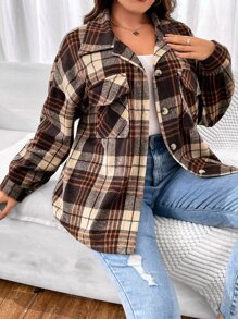 SHEIN LUNE Plus Plaid Print Drop Shoulder Flap Pocket Overcoat - Multicolor - View 7