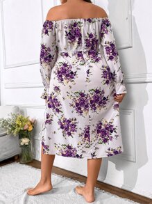 Calvaya Plus Floral Print Off Shoulder Flounce Sleeve Split Thigh Dress - Multicolor - View 3