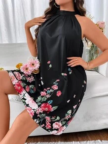 SHEIN LUNE Plus Floral Print Halter Neck Tunic Dress - Black - View 6