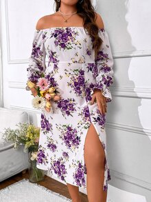 Calvaya Plus Floral Print Off Shoulder Flounce Sleeve Split Thigh Dress - Multicolor - View 4
