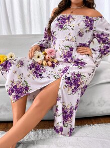 Calvaya Plus Floral Print Off Shoulder Flounce Sleeve Split Thigh Dress - Multicolor - View 6