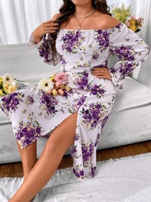Calvaya Plus Floral Print Off Shoulder Flounce Sleeve Split Thigh Dress - Multicolor - View 1