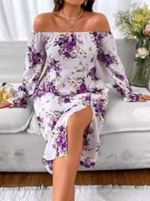 Calvaya Plus Floral Print Off Shoulder Flounce Sleeve Split Thigh Dress - Multicolor - View 7