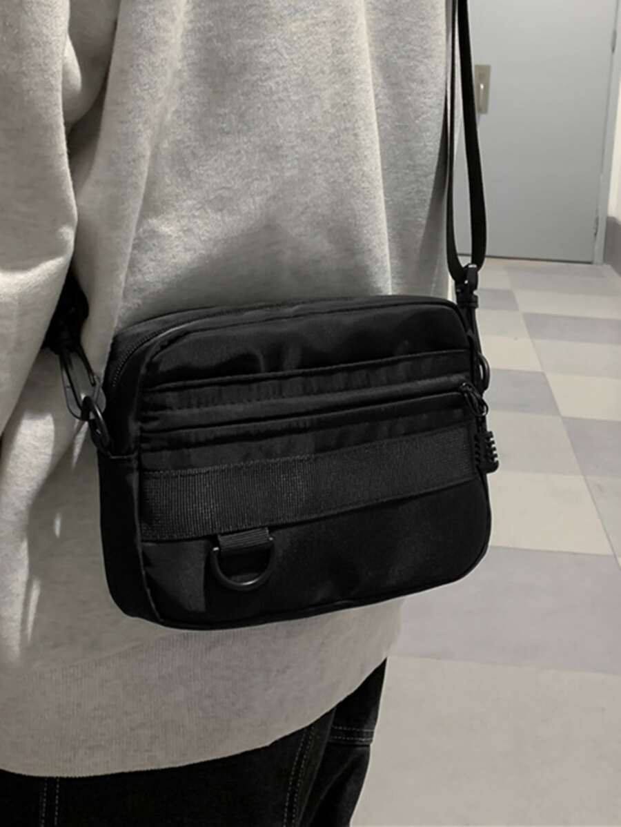 Men Minimalist Zipper Square Bag - Black - View 1