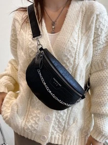 Crocodile Embossed Chain Decor Waist Bag - Black - View 1