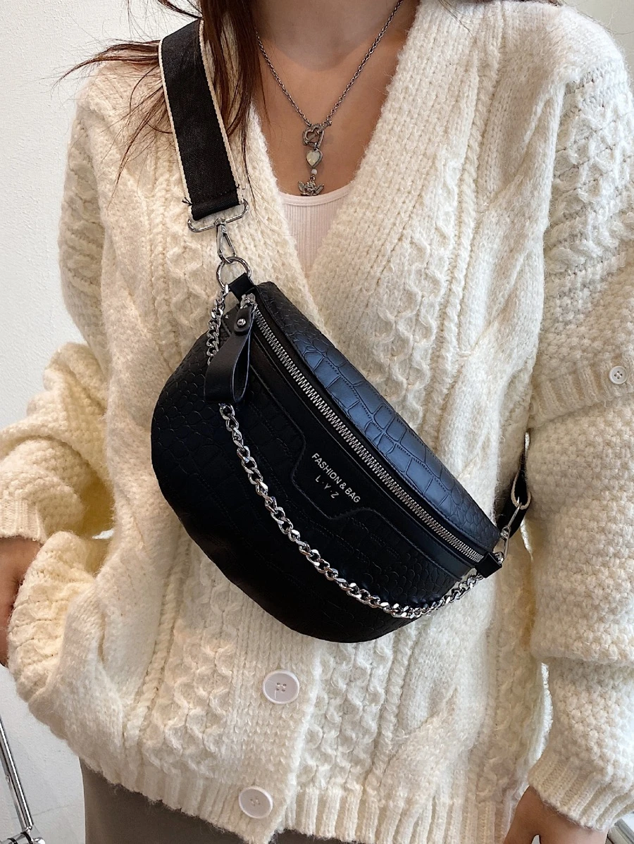 Crocodile Embossed Chain Decor Waist Bag - Black - View 1