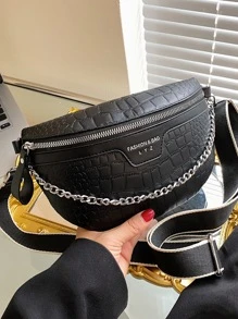 Crocodile Embossed Chain Decor Waist Bag - Black - View 2