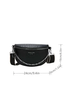 Crocodile Embossed Chain Decor Waist Bag - Black - View 3