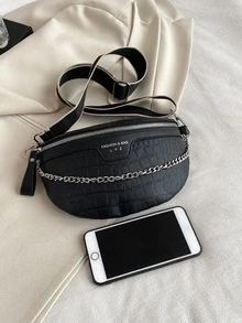 Crocodile Embossed Chain Decor Waist Bag - Black - View 5