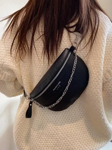 Crocodile Embossed Chain Decor Waist Bag - Black - View 6