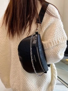 Crocodile Embossed Chain Decor Waist Bag - Black - View 7