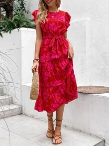 Breezaya Vestido con cinturón con estampado floral bajo con fruncido - Rosa Fucsia - Ver 1