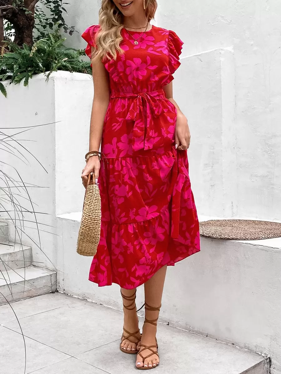 Breezaya Vestido con cinturón con estampado floral bajo con fruncido - Rosa Fucsia - Ver 1