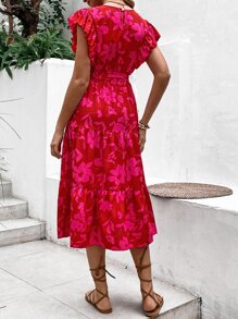Breezaya Vestido con cinturón con estampado floral bajo con fruncido - Rosa Fucsia - Ver 2