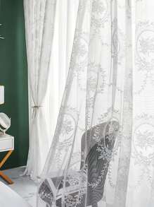 Polyester Sheer Panel Curtain, Modernist Floral Pattern Light Filtering Privacy Sheer Curtain For Living Room, Bedroom - White - View 2