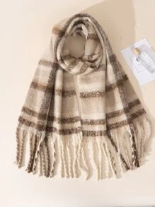 格紋圖案流蘇邊圍巾 - 彩色 - 查看 2