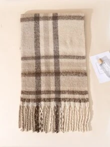 格紋圖案流蘇邊圍巾 - 彩色 - 查看 4