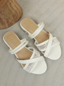 Girls Embroidered Detail Criss Cross Slide Sandals - White - View 6