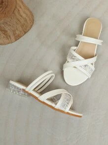 Girls Embroidered Detail Criss Cross Slide Sandals - White - View 7