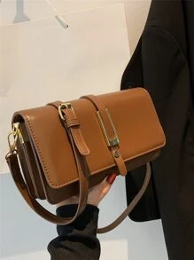 Metal Decor Flap Square Bag - Brown - View 1