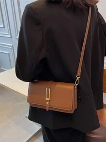 Metal Decor Flap Square Bag - Brown - View 2