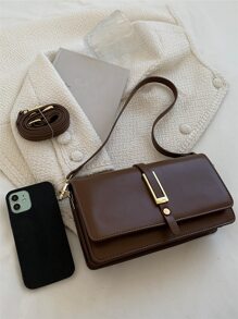 Metal Decor Flap Square Bag - Brown - View 4