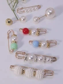 8pcs/Set Women Scarf Faux Pear Decor Lapel Anti-Slip Fastener,Clothes Skirt Waistband Pants Tighten Buckle Brooches Safety Pin,No Sewing Needed,Adjustable Waistband,Pearl Brooch For Daily Use